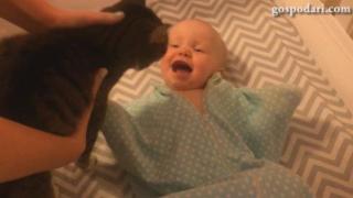 Бебе се радва на котка (ВИДЕО)