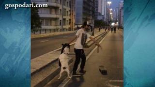 Куче кара скейтборд, защото го мързи да тича (ВИДЕО)