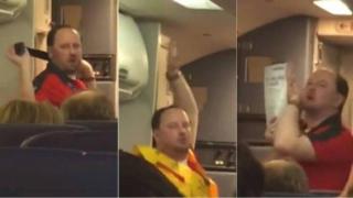 Забавен стюард прави секси демонстрация на безопасността преди полет (видео)
