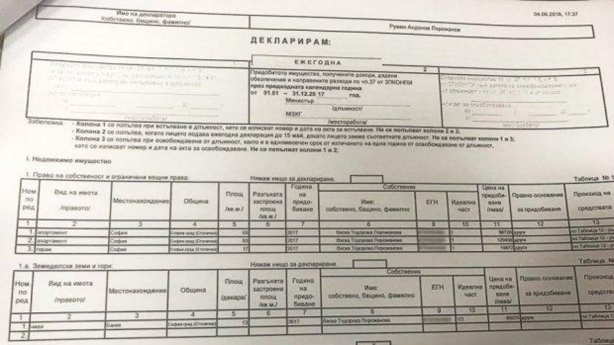 Ето я деклaрацията на министър Порожанов (снимки)