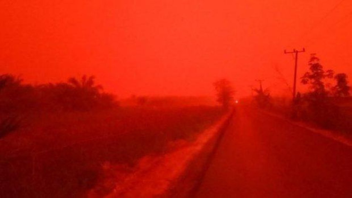 Небето в Индонезия стана кървавочервено заради горските пожари (снимки)
