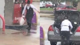 Жена си налива гориво в пазарски плик на бензиностанция (видео и снимки)