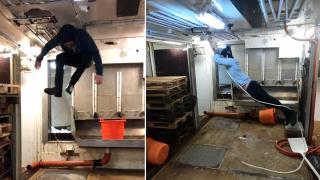 Уникални кадри показват как мъж преодолява гравитацията на борда на кораб в открито море (видео)
