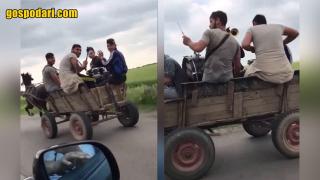 Весели ромски музиканти свирят в каруца (видео)