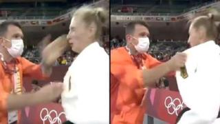 Треньор шамаросва състезателката си преди мач по джудо от игрите в Токио 2020 (видео)