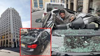 Мъж падна от 9-ия етаж на сграда върху покрива на скъпо BMW, стана и си тръгна (снимки)