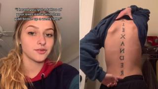 Тиктокърка се раздели с гаджето седмица, след като си направи огромна татуировка с името му (видео)