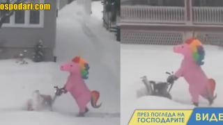 „Еднорог“ чисти сняг (видео)