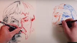 Художник рисува невероятни портрети с двете си ръце едновременно (видео)
