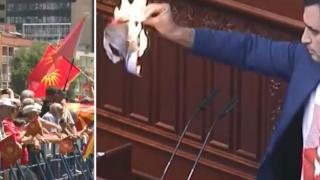 Напрежение в македонския парламент: Депутат изгори френското предложение (видео)