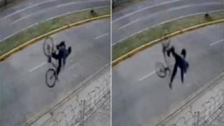 Велосипедист изхвърча във въздуха заради кабел на пътя (видео)