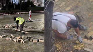 Махат с чук маркировката от жълтите павета в София (видео)