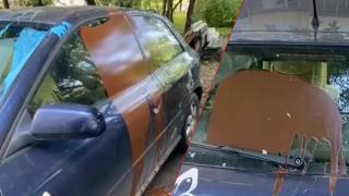 Кола осъмна залята с блажна боя, друга в района - със спукани гуми (видео)