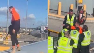 Странно поведение на мъж от току-що спрял самолет на австралийско летище (видео)