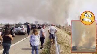 Пожар обхвана АМ "Тракия", движението е силно затруднено (видео)