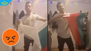 Мъж къса българското знаме, докато слуша Слави Трифонов за фон (видео)