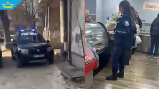 Полицейска кола на буркани чака полицайка да пазарува пред магазин за хранителни стоки (видео)