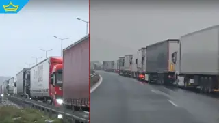 Колона с тирове от над 25 км се изви на границата с Турция (видео)