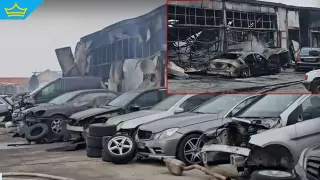 Близо 50 коли и две халета изгоряха при пожар в автоморга в Хасково (видео)