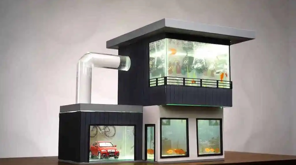 Модерен аквариум за рибки като къща с гараж и БМВ в него (видео)